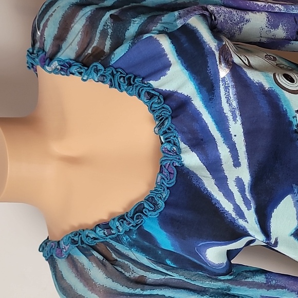 Forbidden Blue Ruffle Neck-line Sheer Balloon Sleeves Blouse - Picture 4 of 17